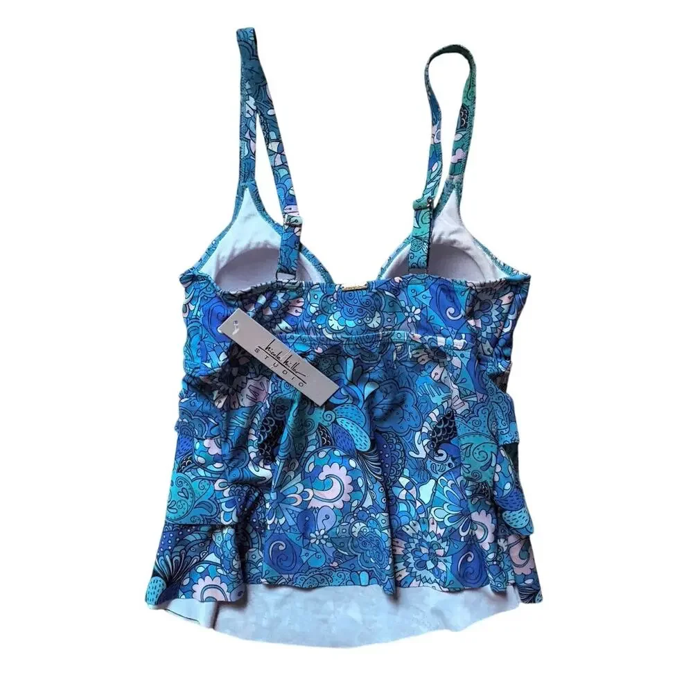 New Nicole Miller Studio Tiered Blue Ruffle Tankini Top Small